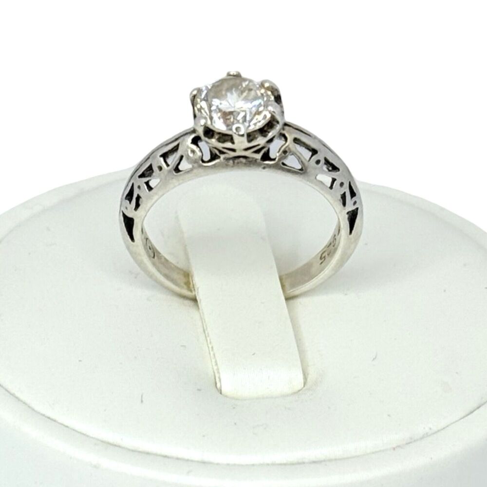VTG Round Solitaire Zirconia Cut Out Band 925 Sterling Silver Ring Size 5